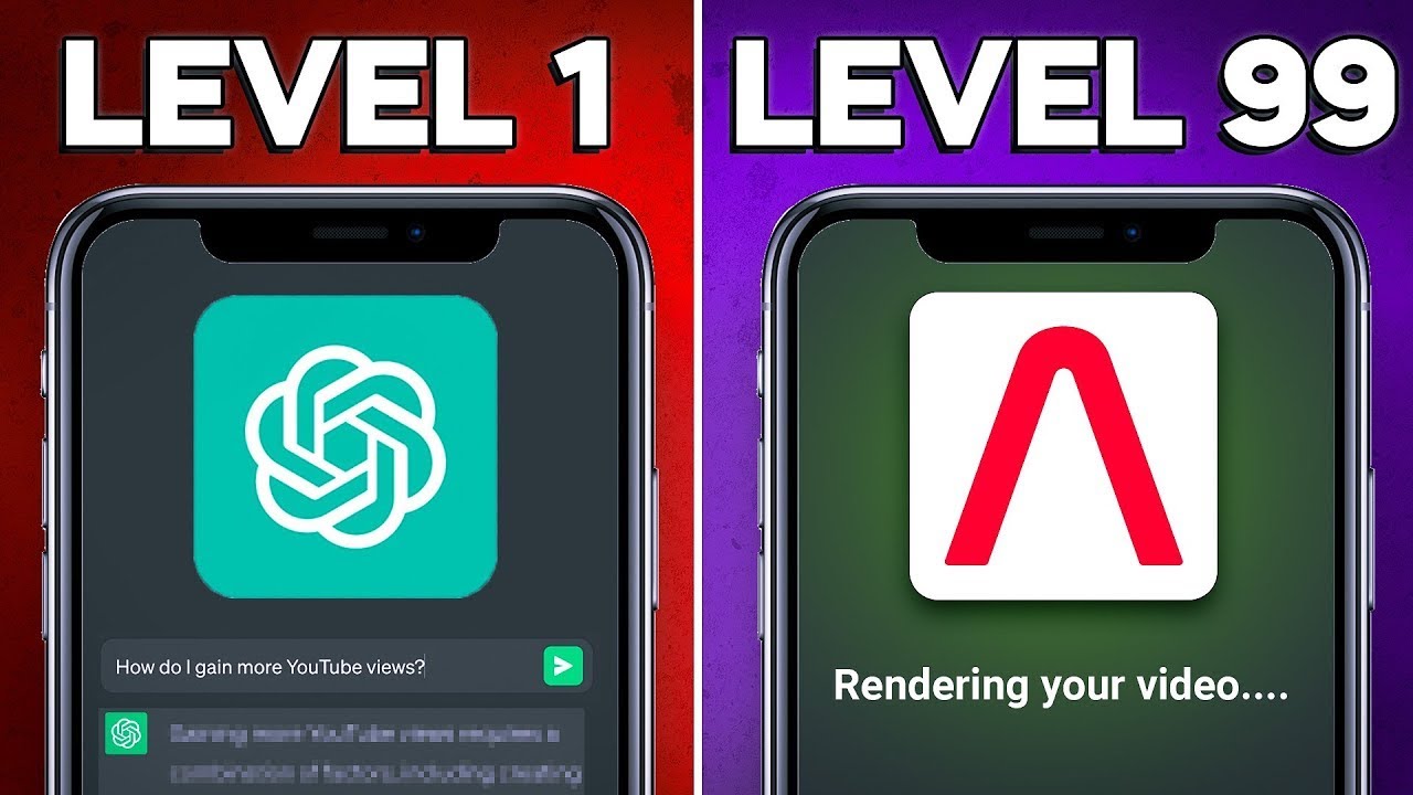 AI tools for YouTube creators: A YouTube thumbnail. On the left, text reads "LEVEL 1" and shows a ChatGPT logo with the prompt "how do I gain more YouTube subscribers?" On the right, text reads "LEVEL 99" and shows an Altered AI logo with text that reads "Rendering your video..."