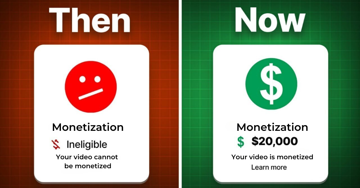 Copyright music in YouTube: The image compares the monetization status of a YouTube video in the past (Then) and present (Now). In the past, the video was marked as "Ineligible" and "Video cannot be monetized". In the present, the video is monetized, displaying a dollar sign icon and the text "$20,000 Video is monetized" and a link to "Learn more". This image highlights the changes YouTube has made to help creators avoid copyright issues and successfully monetize their videos.